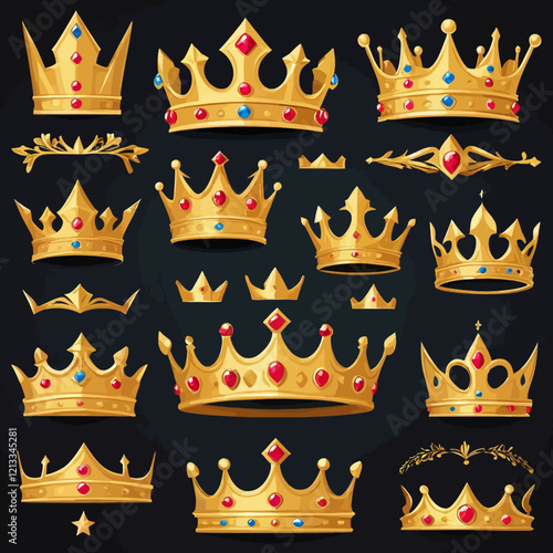 Realistic 3D gold crown set in shiny finish with multi-dot royal design. The crown is centered on a transparent background, ideal for use in copyright-related design projects.vector