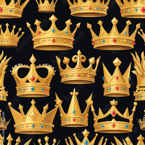 Realistic 3D gold crown set in shiny finish with multi-dot royal design. The crown is centered on a transparent background, ideal for use in copyright-related design projects.vector