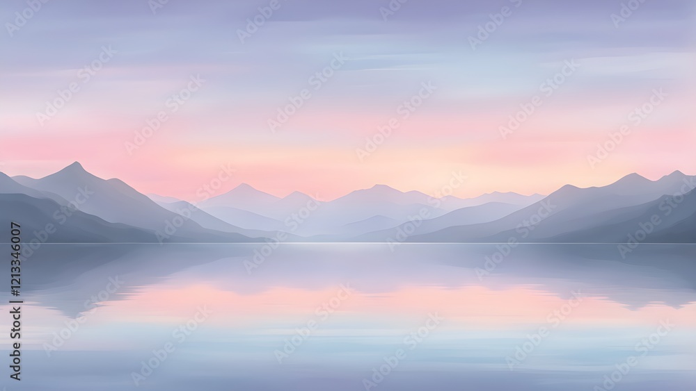 Serene pastel landscape of calm lake reflecting a soft pink and purple sunrise over a hazy mountain range. Serene pastel landscape of calm lake reflecting a soft pink and purple sunrise over a hazy mountain range.