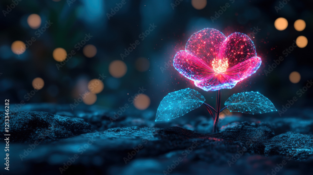 Fototapeta premium Nodes flower, A stunning image of a flower with holographic petals, shimmering in high fidelity, perfect for artistic and commercial projects.
