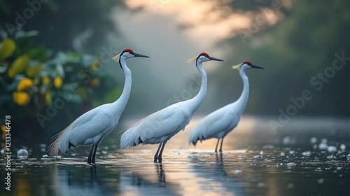 Three elegant white cranes stand gracefully in shallow water at sunrise photo