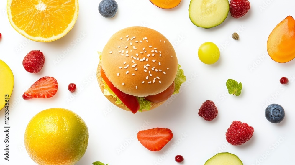 Colorful Arrangement of Fresh Fruits and a Burger on White Background Colorful Arrangement of Fresh Fruits and a Burger on White Background