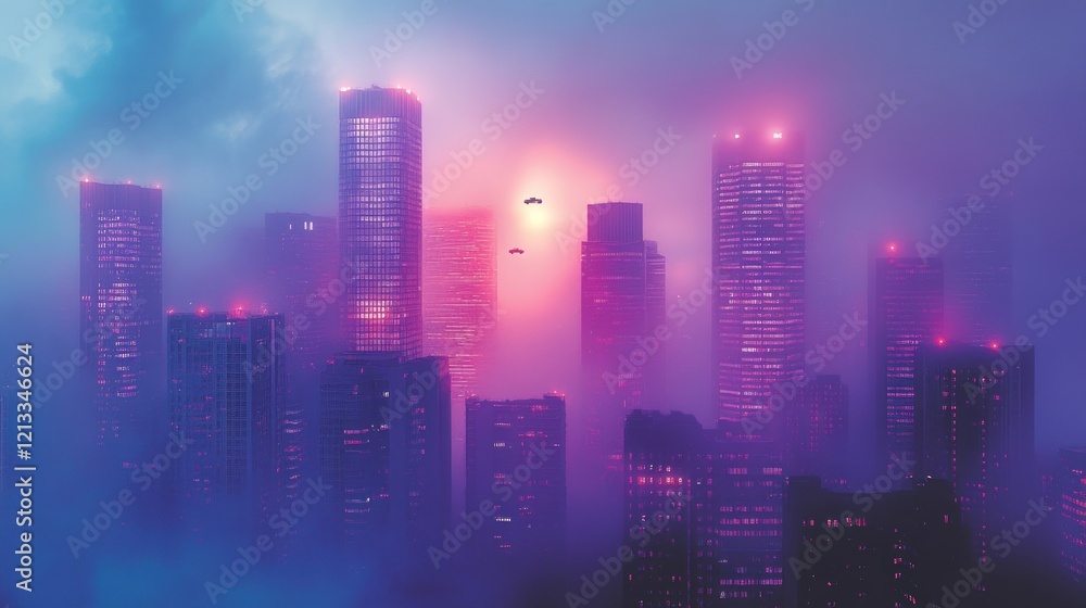 Fototapeta premium Futuristic city skyline shrouded in pink and purple fog at sunset, with flying vehicles.