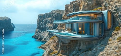 A luxurious villa sits atop a cliff, overlooking the ocean. Featuring an infinity pool, spacious terraces, and a blend of modern and Mediterranean architecture, it offers breathtaking views and elegan photo