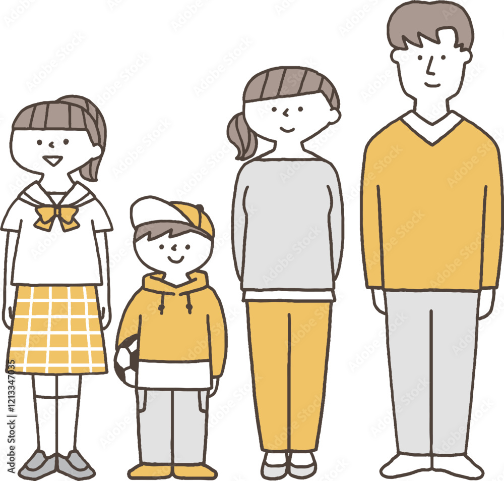 並んで立つ若い世代の家族単色 並んで立つ若い世代の家族単色