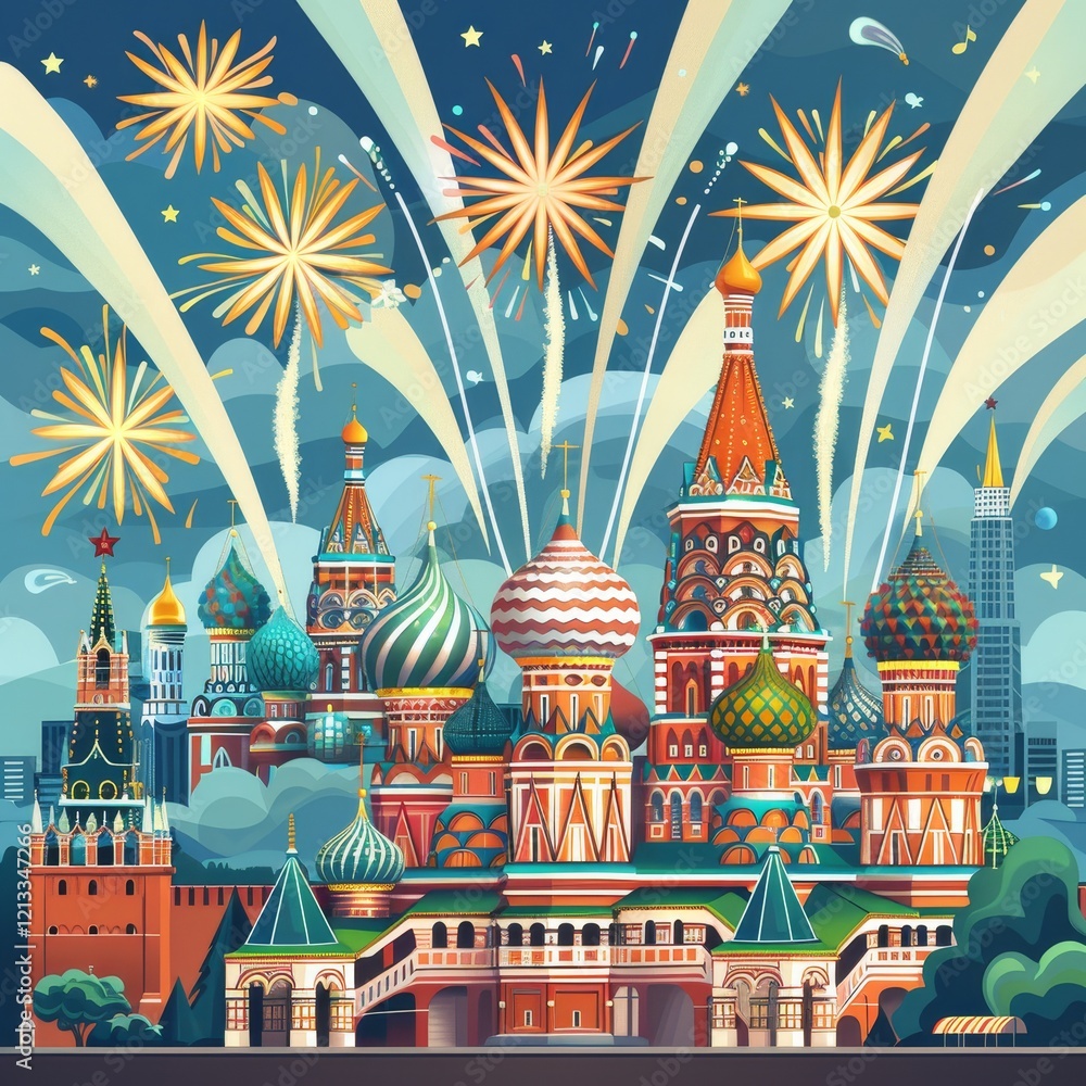 Fireworks display over St. Basil's Cathedral in Moscow, Russia. Fireworks display over St. Basil's Cathedral in Moscow, Russia.