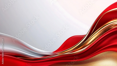 Abstract red and gold flowing fabric waves on white background. (1)