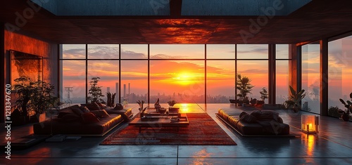 A luxury penthouse with floor-to-ceiling windows offers a stunning panoramic view of the city skyline at sunset. The elegant design and golden hues create a serene and sophisticated atmosphere. photo