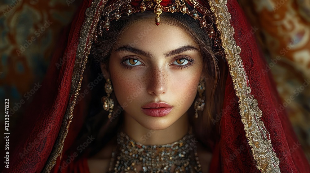 Biblical Figure Queen Jezebel Portrait in Red Baroque Style with Jewelry and Headdress Biblical Figure Queen Jezebel Portrait in Red Baroque Style with Jewelry and Headdress