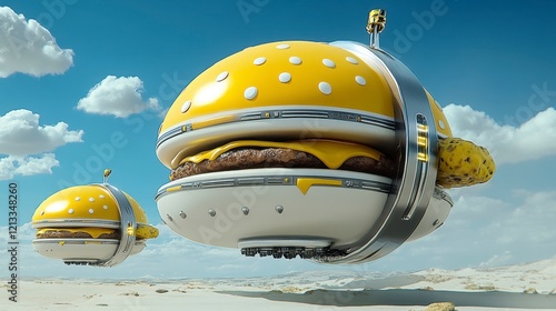 Floating Futuristic Burgers with Yellow Design in a Bright Sky photo