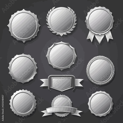 Metal logo and badge set, vector silver label icon, steel shiny scratched chrome plates, user interface gaming iron panel kit. Gray blank platinum blank template, aluminum signage interface frame.