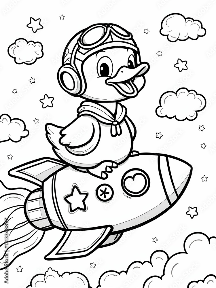 Fototapeta Duck Riding a Rocket: A cheerful duck flies on a rocket filled with star and heart shaped buttons., coloring book, page for children