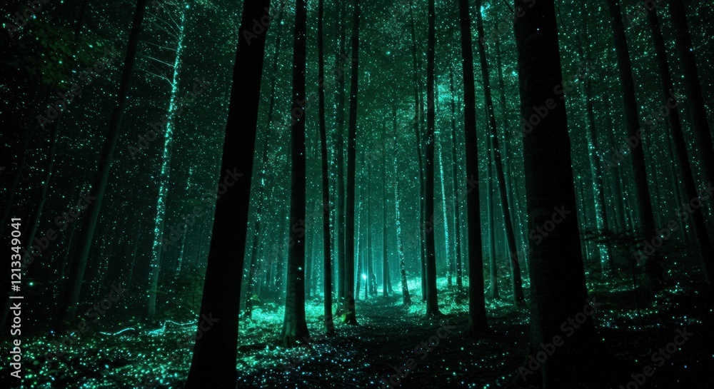 Naklejka premium Enchanted Forest Path: Glowing Night Scene in Teal