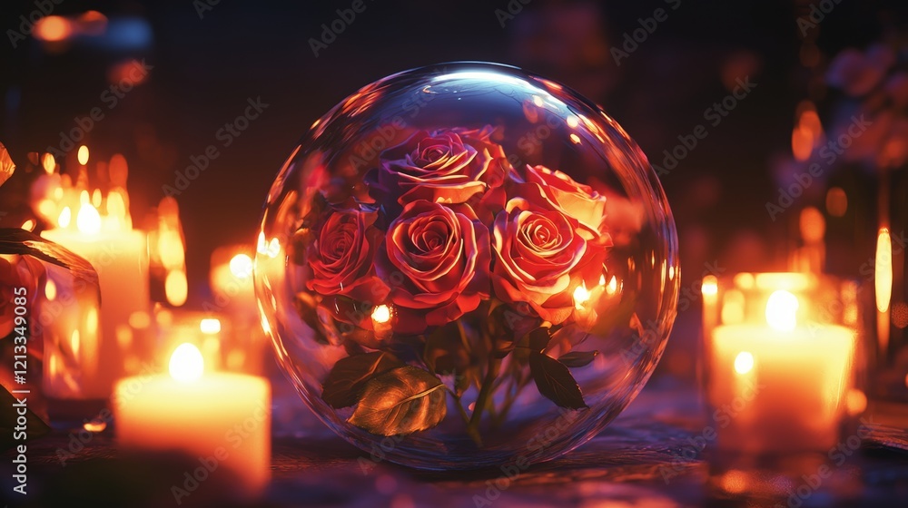 A floating bouquet of roses encased in a transparent sphere, surrounded by soft candlelight, sci-fi aesthetic, glowing effect A floating bouquet of roses encased in a transparent sphere, surrounded by soft candlelight, sci-fi aesthetic, glowing effect