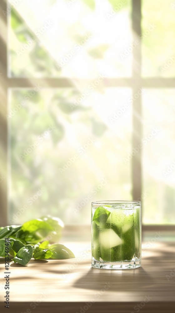 Refreshing cucumber drink, sunlit window, basil. Healthy summer beverage, lifestyle blog. Refreshing cucumber drink, sunlit window, basil. Healthy summer beverage, lifestyle blog.