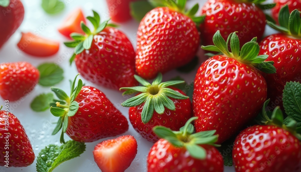 A vibrant arrangement of luscious red strawberries is beautifully complemented by fresh green mint leaves, creating a feast for the eyes. The glistening surface of the strawberries, adorned with tiny A vibrant arrangement of luscious red strawberries is beautifully complemented by fresh green mint leaves, creating a feast for the eyes. The glistening surface of the strawberries, adorned with tiny