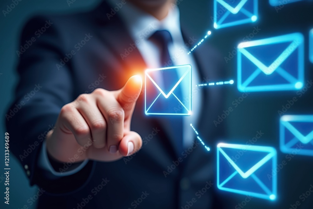 Business Professional Interacting with Digital Mail Icons, Symbolizing Email Communication and Modern Marketing Techniques for Corporate Success Business Professional Interacting with Digital Mail Icons, Symbolizing Email Communication and Modern Marketing Techniques for Corporate Success