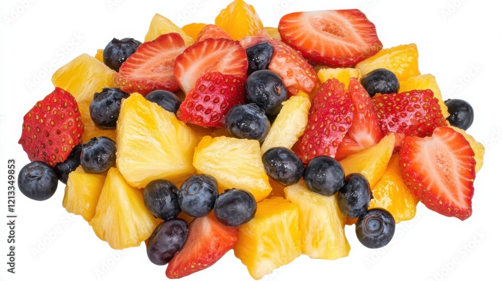 A refreshing fruit salad with a mix of sliced strawberries, pineapple chunks, mandarin oranges A refreshing fruit salad with a mix of sliced strawberries, pineapple chunks, mandarin oranges