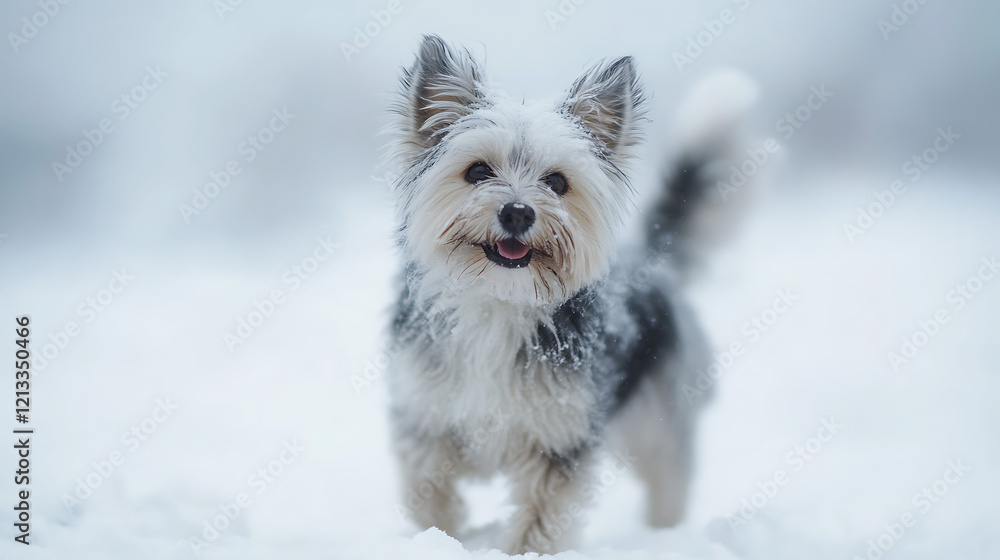 A small dog is walking in the snow with its tongue out A small dog is walking in the snow with its tongue out