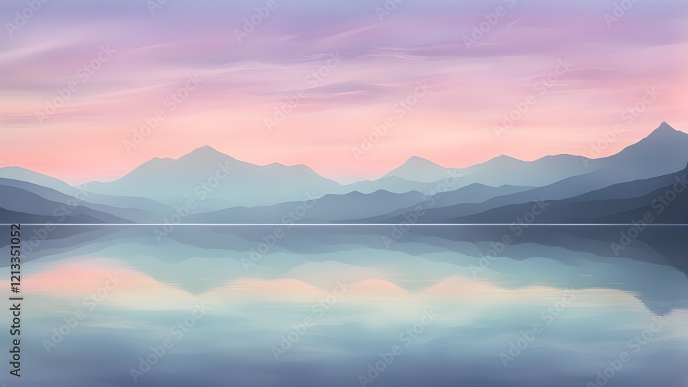 Fototapeta premium Serene pastel mountains reflected in a calm lake at sunset.