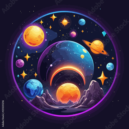 Space alien planet vector icon set, game UI fantasy kit, ice surface asteroid, Sun, Earth. Magic cosmos collection, 3D fiction fantastic spheres, lava stone explosion. Alien planet clipart