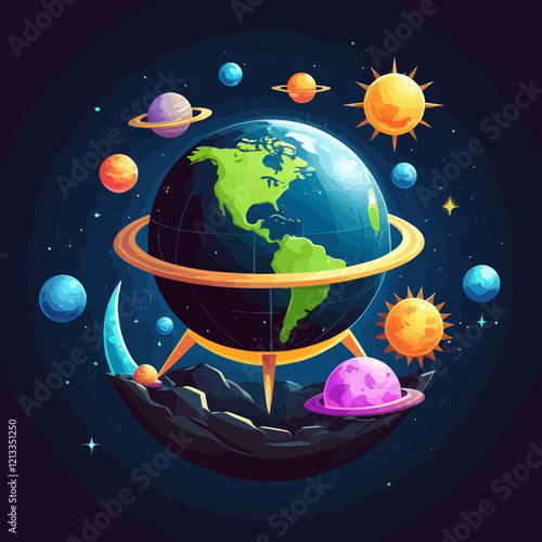 Space alien planet vector icon set, game UI fantasy kit, ice surface asteroid, Sun, Earth. Magic cosmos collection, 3D fiction fantastic spheres, lava stone explosion. Alien planet clipart