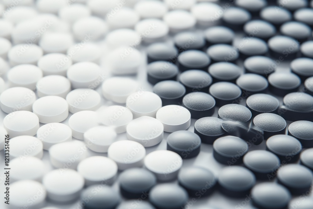 Close-up of many white pills on a surface. Close-up of many white pills on a surface.
