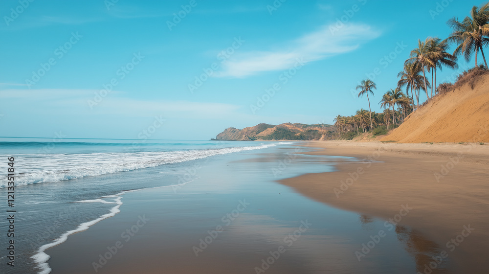 Scenic Beach With Palm Trees and Waves Under a Bright Blue Sky Scenic Beach With Palm Trees and Waves Under a Bright Blue Sky