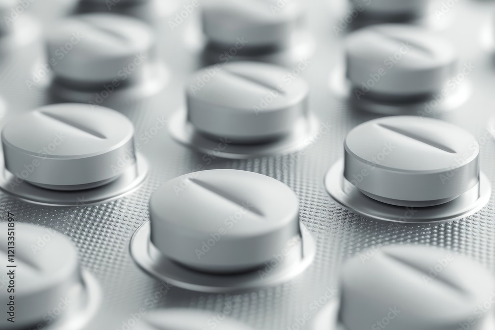 Close-up of many white pills on a surface. Close-up of many white pills on a surface.