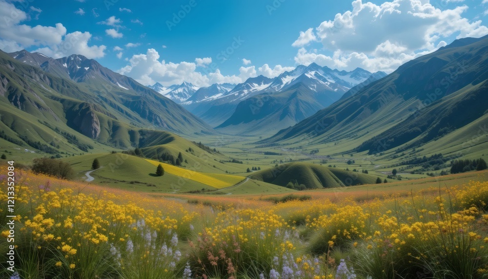 Fototapeta premium Majestic Mountain Valley with Blooming Meadow