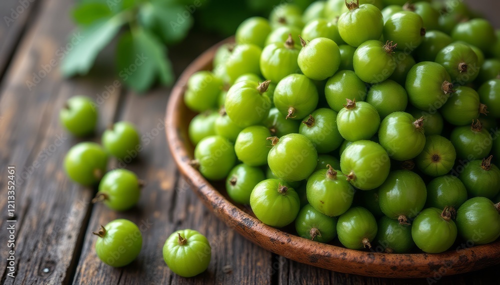 A vibrant collection of fresh green gooseberries fills a rustic wooden bowl, surrounded by a few scattered berries on a weathered wooden table. The image captures the essence of freshness and nature A vibrant collection of fresh green gooseberries fills a rustic wooden bowl, surrounded by a few scattered berries on a weathered wooden table. The image captures the essence of freshness and nature