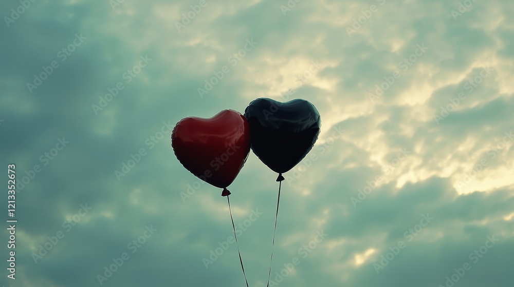 Fototapeta premium A pair of heart-shaped balloons, one red and one black, floating against a cloudy sky, whimsical dreamy atmosphere
