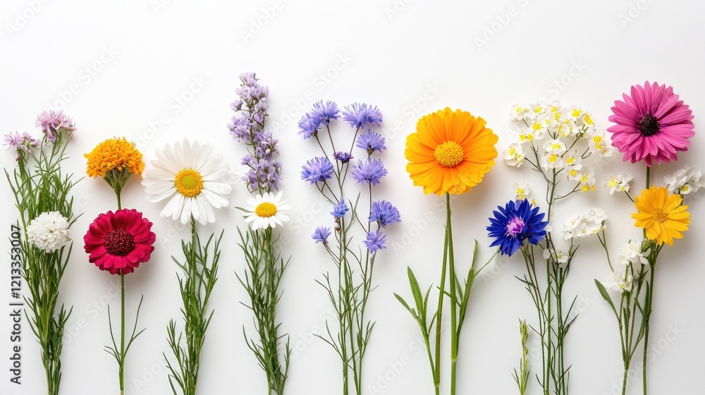 Fototapeta premium Colorful variety of fresh wildflowers arranged in a neat row against a clean white background.