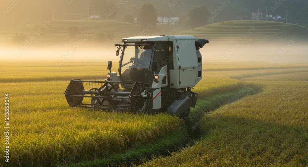 Fototapeta premium Harvesting Rice: A Serene Sunrise Scene with Modern Combine