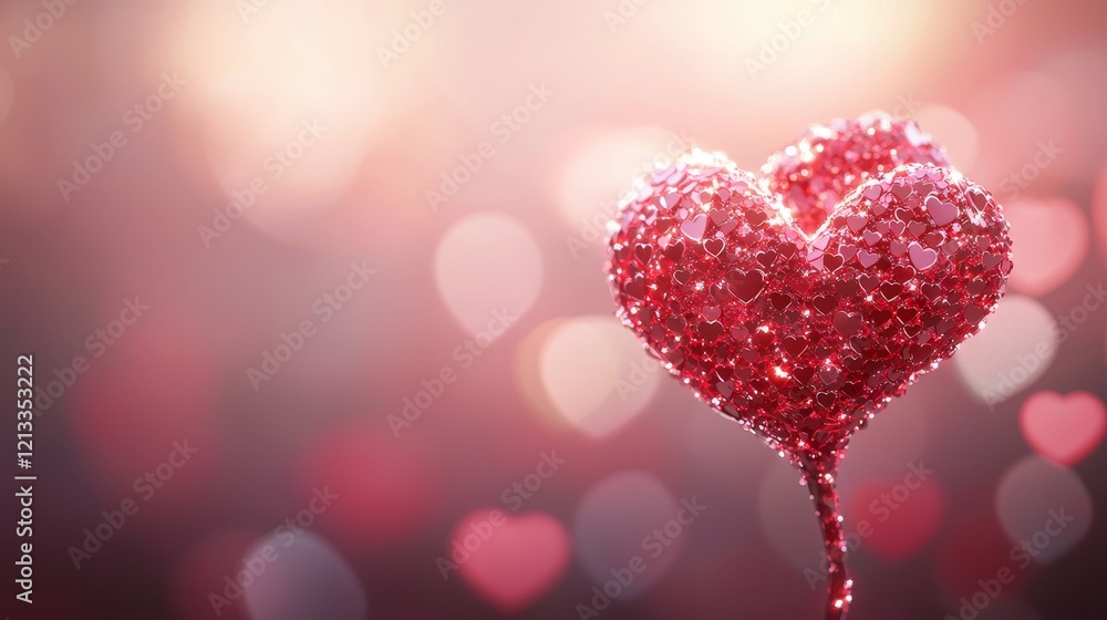 Fototapeta premium A red rose made entirely of tiny glowing hearts, soft pink and red hues in the background, vibrant color palette, futuristic illustration