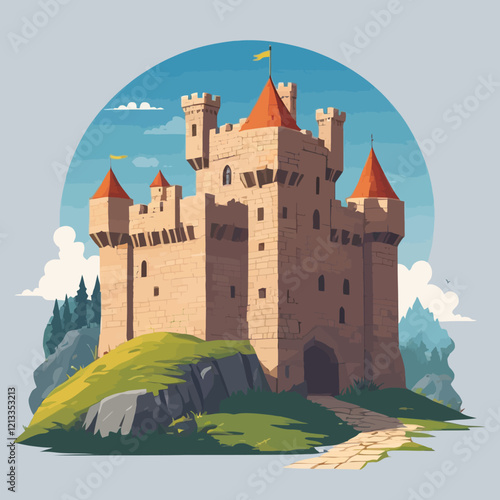 Stone castle wall, vector seamless medieval brick tower ruin background, isolated on white. Game fortification building, broken cracked fortress illustration. Castle wall fantasy historical wallpaper