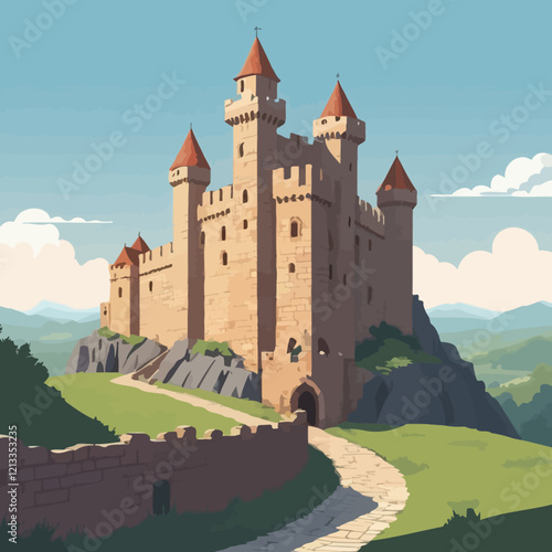 Stone castle wall, vector seamless medieval brick tower ruin background, isolated on white. Game fortification building, broken cracked fortress illustration. Castle wall fantasy historical wallpaper