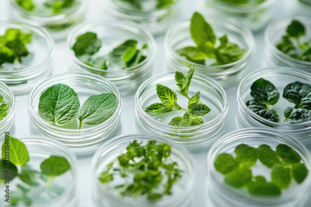 Obraz premium Fresh Mint Leaves in Petri Dishes, Ideal for Botanical or Science Stock Photos