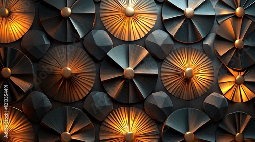 Abstract metallic fan shapes illuminated with warm light photo