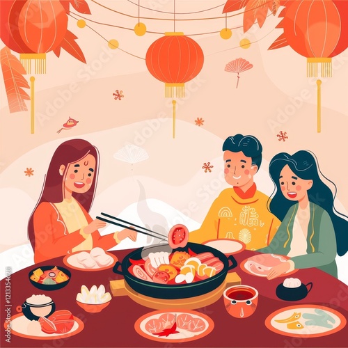 A family of three enjoys a traditional Chinese New Year meal with lanterns and decorations.