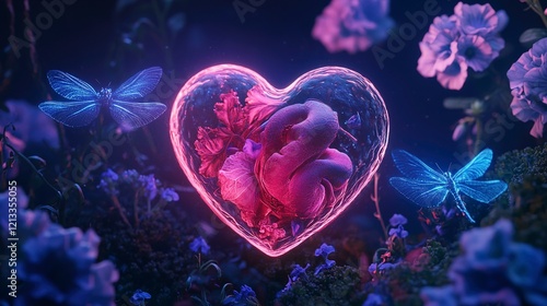 Enchanting Heart Neon Flowers and Dragonflies in a Glass Heart