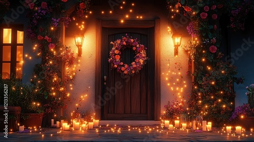 Charming Front Door Decor for Diwali with Diyas String Lights and Floral Garlands photo