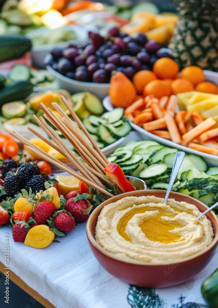A vibrant vegan picnic spread, featuring hummus, vegetable sticks A vibrant vegan picnic spread, featuring hummus, vegetable sticks