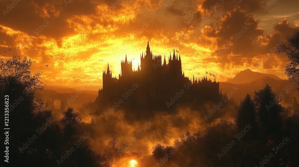 Medieval Castle Sunset Fantasy Landscape with Trees and Dramatic Sky Medieval Castle Sunset Fantasy Landscape with Trees and Dramatic Sky