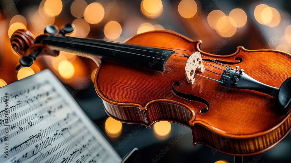 Fototapeta premium Violin on stand with sheet music and bokeh lights.