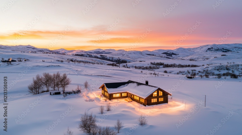 Cozy Scandinavian Cabin in Serene Snowy Landscape at Magical Sunset Cozy Scandinavian Cabin in Serene Snowy Landscape at Magical Sunset