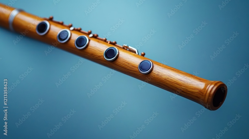 Naklejka premium Wooden Flute Close-Up Soft Light Pastel Blue Background Musical Instrument