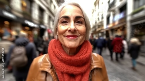 Wallpaper Mural A woman with grey hair and a red scarf smiles joyfully as she stands in a busy street. People are walking around her in a lively urban atmosphere during a sunny afternoon Torontodigital.ca