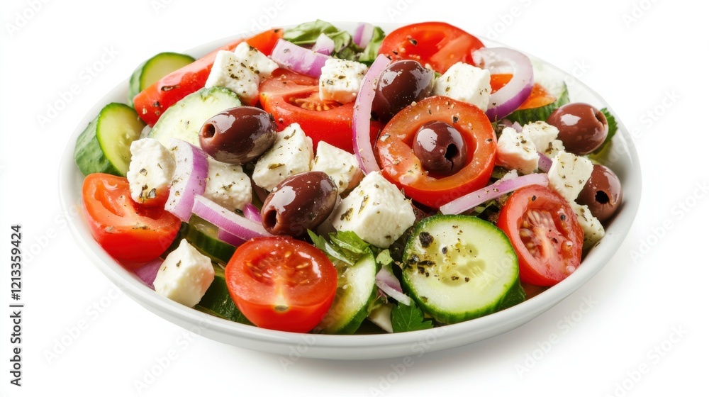 A refreshing Greek salad with chopped cucumbers, tomatoes, red onions A refreshing Greek salad with chopped cucumbers, tomatoes, red onions
