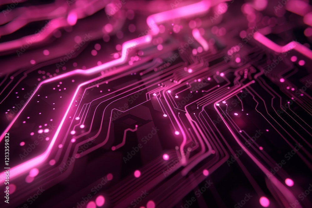 Obraz premium Abstract close-up of a circuit board with glowing pink lines and dots, representing technology, innovation, and connectivity.